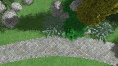 Memleketin peyzaj tasarımının 3 boyutlu görüntüsü. Bölgenin peyzajı. Birleşik peyzaj ve peyzaj çözümlerinin bilgisayar görselleştirmesi.