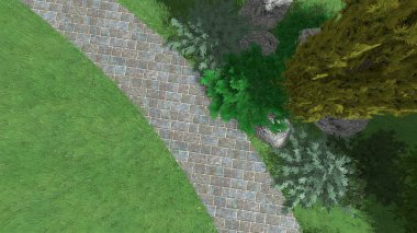 Memleketin peyzaj tasarımının 3 boyutlu görüntüsü. Bölgenin peyzajı. Birleşik peyzaj ve peyzaj çözümlerinin bilgisayar görselleştirmesi.