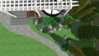 Memleketin peyzaj tasarımının 3 boyutlu görüntüsü. Bölgenin peyzajı. Birleşik peyzaj ve peyzaj çözümlerinin bilgisayar görselleştirmesi.