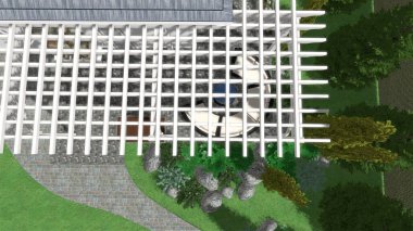Memleketin peyzaj tasarımının 3 boyutlu görüntüsü. Bölgenin peyzajı. Birleşik peyzaj ve peyzaj çözümlerinin bilgisayar görselleştirmesi.
