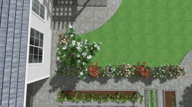 Memleketin peyzaj tasarımının 3 boyutlu görüntüsü. Bölgenin peyzajı. Birleşik peyzaj ve peyzaj çözümlerinin bilgisayar görselleştirmesi.