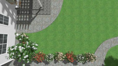 Memleketin peyzaj tasarımının 3 boyutlu görüntüsü. Bölgenin peyzajı. Birleşik peyzaj ve peyzaj çözümlerinin bilgisayar görselleştirmesi.