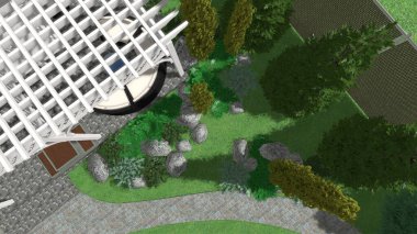 Memleketin peyzaj tasarımının 3 boyutlu görüntüsü. Bölgenin peyzajı. Birleşik peyzaj ve peyzaj çözümlerinin bilgisayar görselleştirmesi.