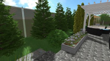 Memleketin peyzaj tasarımının 3 boyutlu görüntüsü. Bölgenin peyzajı. Birleşik peyzaj ve peyzaj çözümlerinin bilgisayar görselleştirmesi.