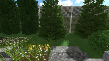 Memleketin peyzaj tasarımının 3 boyutlu görüntüsü. Bölgenin peyzajı. Birleşik peyzaj ve peyzaj çözümlerinin bilgisayar görselleştirmesi.