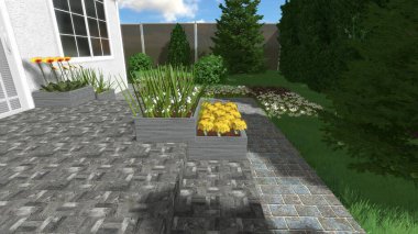 Memleketin peyzaj tasarımının 3 boyutlu görüntüsü. Bölgenin peyzajı. Birleşik peyzaj ve peyzaj çözümlerinin bilgisayar görselleştirmesi.