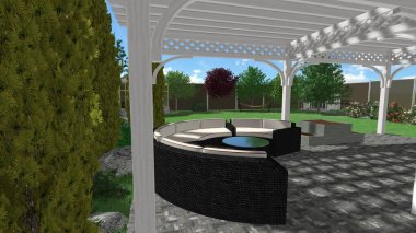 Memleketin peyzaj tasarımının 3 boyutlu görüntüsü. Bölgenin peyzajı. Birleşik peyzaj ve peyzaj çözümlerinin bilgisayar görselleştirmesi.