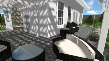 Memleketin peyzaj tasarımının 3 boyutlu görüntüsü. Bölgenin peyzajı. Birleşik peyzaj ve peyzaj çözümlerinin bilgisayar görselleştirmesi.