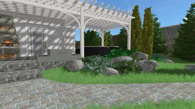 Memleketin peyzaj tasarımının 3 boyutlu görüntüsü. Bölgenin peyzajı. Birleşik peyzaj ve peyzaj çözümlerinin bilgisayar görselleştirmesi.