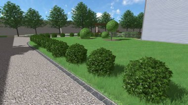 Memleketin peyzaj tasarımının 3 boyutlu görüntüsü. Bölgenin peyzajı. Birleşik peyzaj ve peyzaj çözümlerinin bilgisayar görselleştirmesi.