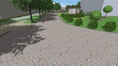 Memleketin peyzaj tasarımının 3 boyutlu görüntüsü. Bölgenin peyzajı. Birleşik peyzaj ve peyzaj çözümlerinin bilgisayar görselleştirmesi.