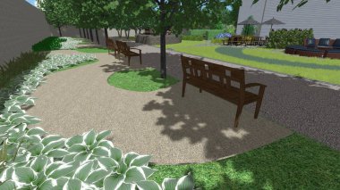 Memleketin peyzaj tasarımının 3 boyutlu görüntüsü. Bölgenin peyzajı. Birleşik peyzaj ve peyzaj çözümlerinin bilgisayar görselleştirmesi.