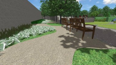 Memleketin peyzaj tasarımının 3 boyutlu görüntüsü. Bölgenin peyzajı. Birleşik peyzaj ve peyzaj çözümlerinin bilgisayar görselleştirmesi.