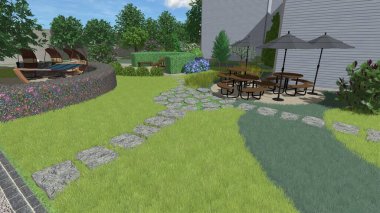 Memleketin peyzaj tasarımının 3 boyutlu görüntüsü. Bölgenin peyzajı. Birleşik peyzaj ve peyzaj çözümlerinin bilgisayar görselleştirmesi.