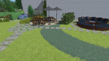 Memleketin peyzaj tasarımının 3 boyutlu görüntüsü. Bölgenin peyzajı. Birleşik peyzaj ve peyzaj çözümlerinin bilgisayar görselleştirmesi.