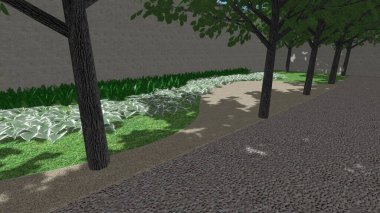 Memleketin peyzaj tasarımının 3 boyutlu görüntüsü. Bölgenin peyzajı. Birleşik peyzaj ve peyzaj çözümlerinin bilgisayar görselleştirmesi.