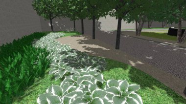 Memleketin peyzaj tasarımının 3 boyutlu görüntüsü. Bölgenin peyzajı. Birleşik peyzaj ve peyzaj çözümlerinin bilgisayar görselleştirmesi.