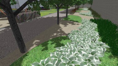 Memleketin peyzaj tasarımının 3 boyutlu görüntüsü. Bölgenin peyzajı. Birleşik peyzaj ve peyzaj çözümlerinin bilgisayar görselleştirmesi.