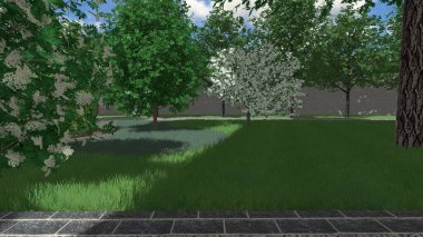 Memleketin peyzaj tasarımının 3 boyutlu görüntüsü. Bölgenin peyzajı. Birleşik peyzaj ve peyzaj çözümlerinin bilgisayar görselleştirmesi.