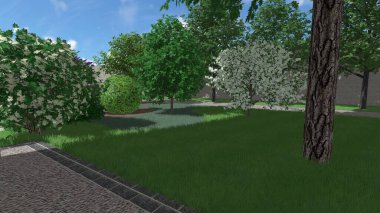 Memleketin peyzaj tasarımının 3 boyutlu görüntüsü. Bölgenin peyzajı. Birleşik peyzaj ve peyzaj çözümlerinin bilgisayar görselleştirmesi.