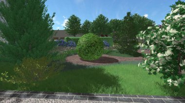 Memleketin peyzaj tasarımının 3 boyutlu görüntüsü. Bölgenin peyzajı. Birleşik peyzaj ve peyzaj çözümlerinin bilgisayar görselleştirmesi.