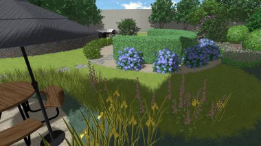 Memleketin peyzaj tasarımının 3 boyutlu görüntüsü. Bölgenin peyzajı. Birleşik peyzaj ve peyzaj çözümlerinin bilgisayar görselleştirmesi.