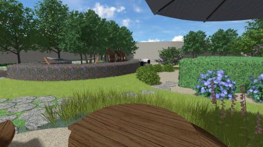 Memleketin peyzaj tasarımının 3 boyutlu görüntüsü. Bölgenin peyzajı. Birleşik peyzaj ve peyzaj çözümlerinin bilgisayar görselleştirmesi.