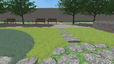 Memleketin peyzaj tasarımının 3 boyutlu görüntüsü. Bölgenin peyzajı. Birleşik peyzaj ve peyzaj çözümlerinin bilgisayar görselleştirmesi.