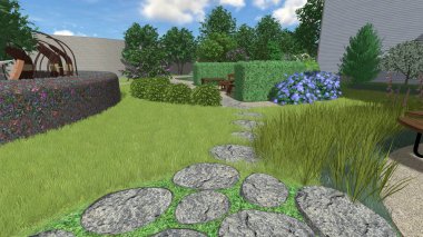 Memleketin peyzaj tasarımının 3 boyutlu görüntüsü. Bölgenin peyzajı. Birleşik peyzaj ve peyzaj çözümlerinin bilgisayar görselleştirmesi.