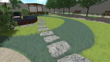 Memleketin peyzaj tasarımının 3 boyutlu görüntüsü. Bölgenin peyzajı. Birleşik peyzaj ve peyzaj çözümlerinin bilgisayar görselleştirmesi.