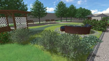 Memleketin peyzaj tasarımının 3 boyutlu görüntüsü. Bölgenin peyzajı. Birleşik peyzaj ve peyzaj çözümlerinin bilgisayar görselleştirmesi.