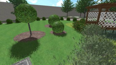 Memleketin peyzaj tasarımının 3 boyutlu görüntüsü. Bölgenin peyzajı. Birleşik peyzaj ve peyzaj çözümlerinin bilgisayar görselleştirmesi.