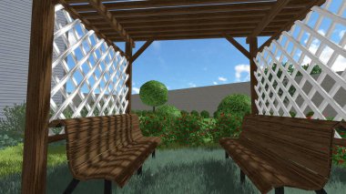 Memleketin peyzaj tasarımının 3 boyutlu görüntüsü. Bölgenin peyzajı. Birleşik peyzaj ve peyzaj çözümlerinin bilgisayar görselleştirmesi.