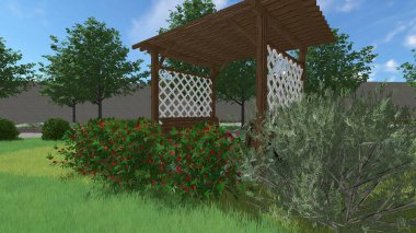 Memleketin peyzaj tasarımının 3 boyutlu görüntüsü. Bölgenin peyzajı. Birleşik peyzaj ve peyzaj çözümlerinin bilgisayar görselleştirmesi.