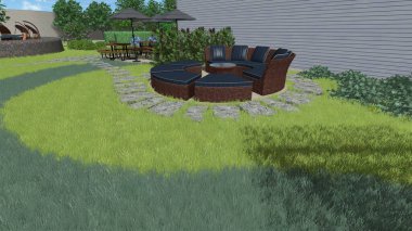 Memleketin peyzaj tasarımının 3 boyutlu görüntüsü. Bölgenin peyzajı. Birleşik peyzaj ve peyzaj çözümlerinin bilgisayar görselleştirmesi.