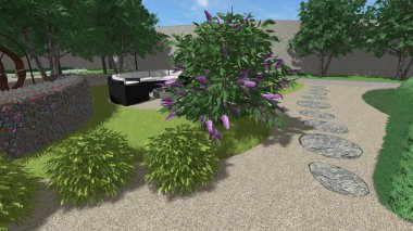 Memleketin peyzaj tasarımının 3 boyutlu görüntüsü. Bölgenin peyzajı. Birleşik peyzaj ve peyzaj çözümlerinin bilgisayar görselleştirmesi.