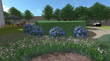 Memleketin peyzaj tasarımının 3 boyutlu görüntüsü. Bölgenin peyzajı. Birleşik peyzaj ve peyzaj çözümlerinin bilgisayar görselleştirmesi.