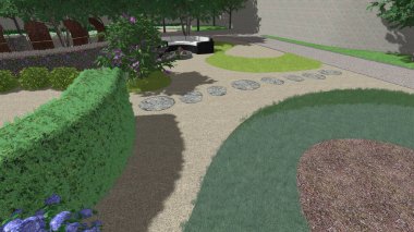 Memleketin peyzaj tasarımının 3 boyutlu görüntüsü. Bölgenin peyzajı. Birleşik peyzaj ve peyzaj çözümlerinin bilgisayar görselleştirmesi.