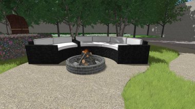 Memleketin peyzaj tasarımının 3 boyutlu görüntüsü. Bölgenin peyzajı. Birleşik peyzaj ve peyzaj çözümlerinin bilgisayar görselleştirmesi.