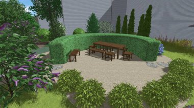 Memleketin peyzaj tasarımının 3 boyutlu görüntüsü. Bölgenin peyzajı. Birleşik peyzaj ve peyzaj çözümlerinin bilgisayar görselleştirmesi.