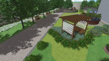 Memleketin peyzaj tasarımının 3 boyutlu görüntüsü. Bölgenin peyzajı. Birleşik peyzaj ve peyzaj çözümlerinin bilgisayar görselleştirmesi.