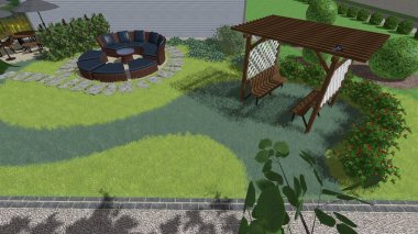 Memleketin peyzaj tasarımının 3 boyutlu görüntüsü. Bölgenin peyzajı. Birleşik peyzaj ve peyzaj çözümlerinin bilgisayar görselleştirmesi.