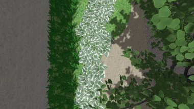 Memleketin peyzaj tasarımının 3 boyutlu görüntüsü. Bölgenin peyzajı. Birleşik peyzaj ve peyzaj çözümlerinin bilgisayar görselleştirmesi.