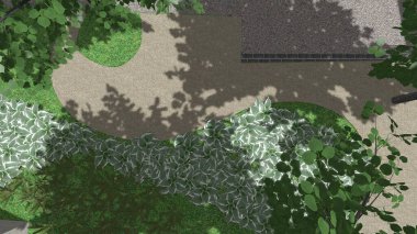 Memleketin peyzaj tasarımının 3 boyutlu görüntüsü. Bölgenin peyzajı. Birleşik peyzaj ve peyzaj çözümlerinin bilgisayar görselleştirmesi.