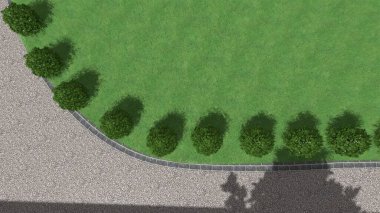 Memleketin peyzaj tasarımının 3 boyutlu görüntüsü. Bölgenin peyzajı. Birleşik peyzaj ve peyzaj çözümlerinin bilgisayar görselleştirmesi.