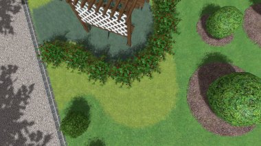 Memleketin peyzaj tasarımının 3 boyutlu görüntüsü. Bölgenin peyzajı. Birleşik peyzaj ve peyzaj çözümlerinin bilgisayar görselleştirmesi.