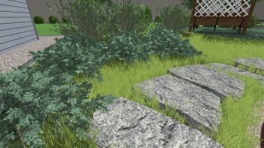 Memleketin peyzaj tasarımının 3 boyutlu görüntüsü. Bölgenin peyzajı. Birleşik peyzaj ve peyzaj çözümlerinin bilgisayar görselleştirmesi.