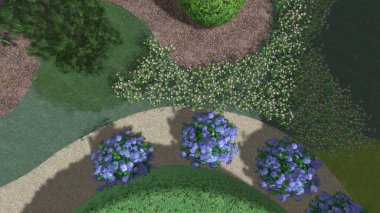 Memleketin peyzaj tasarımının 3 boyutlu görüntüsü. Bölgenin peyzajı. Birleşik peyzaj ve peyzaj çözümlerinin bilgisayar görselleştirmesi.