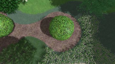 Memleketin peyzaj tasarımının 3 boyutlu görüntüsü. Bölgenin peyzajı. Birleşik peyzaj ve peyzaj çözümlerinin bilgisayar görselleştirmesi.