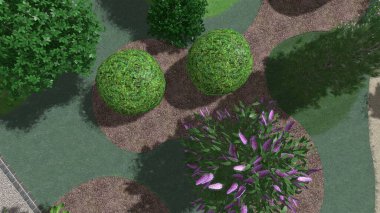 Memleketin peyzaj tasarımının 3 boyutlu görüntüsü. Bölgenin peyzajı. Birleşik peyzaj ve peyzaj çözümlerinin bilgisayar görselleştirmesi.